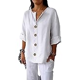 Chicyoo Tunic Tops for Women Loose Fit Dressy Casual V Neck 3/4 Sleeve Button Down Lightweight Work Blouses Summer Shirts