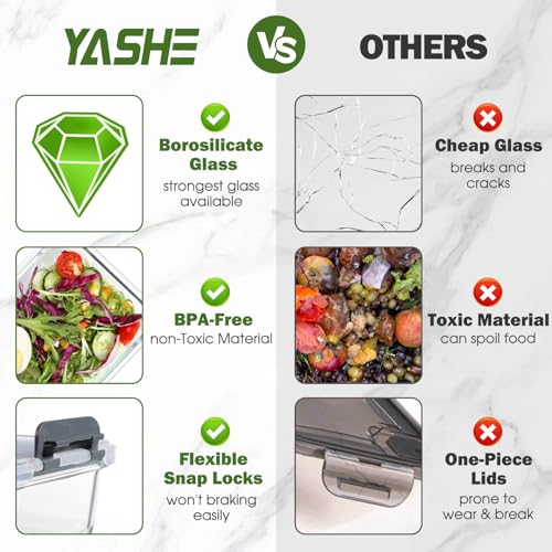 YASHE Glass Containers with Lids, 10 Pack Thick & Durable Food Containers - Stackable Airtight Glass Meal Prep Containers, BPA-Free Food Storage for Microwave, Oven, Freezer and Dishwasher