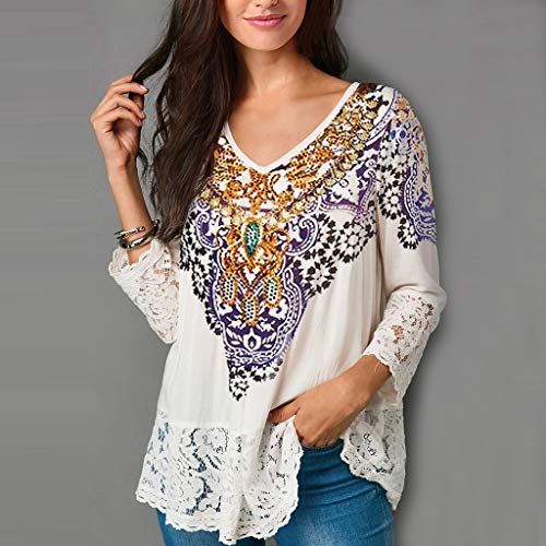 TIFENNY Vintage Lace Shirt for Women Loose Three Quarter V-Neck T Shirts Tops Lace Patchwork Hem Blouse White