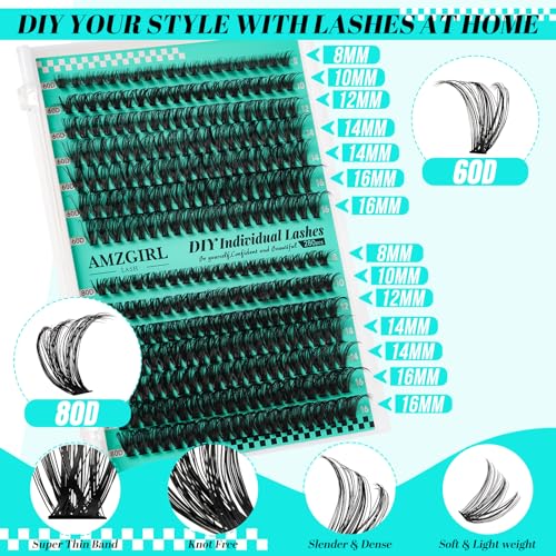 Cluster Lashes Kit 60D 80D,Individual Lashes Clusters Kit,280pcs Lash Clusters,Including Bond And Seal,Eyelash Remover For Eyelashes Extensions,Applicator Tool For False Eyelash Cluster set (D-Mix8-16mm|set)