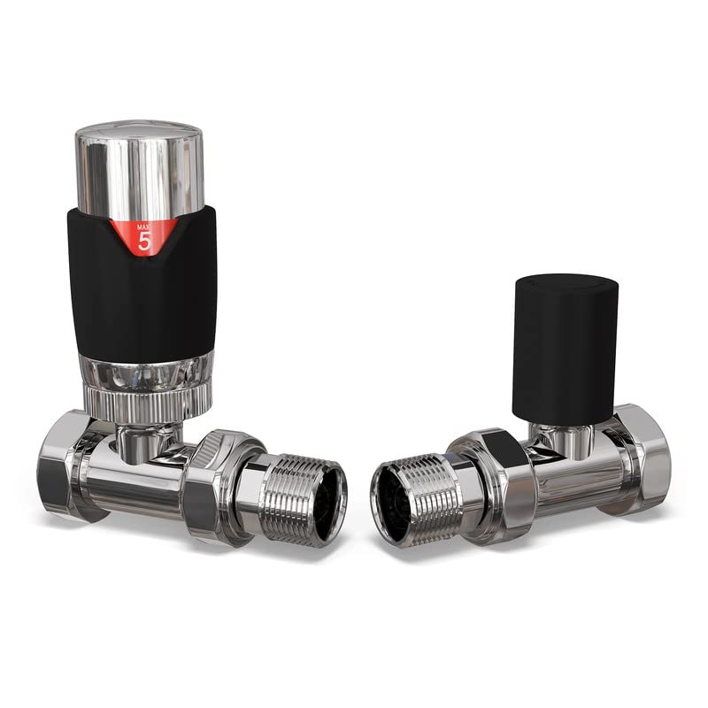 UK Radiators Black Thermostatic Radiator Valve and Straight Lockshield - Matt Black Finish - Classy and Modern Design 1/2" x 15mm Straight Radiator TRV