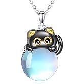 VONALA Black Cat Necklace for Women 925 Sterling Silver Moonstone Cat Pendant Animal Jewelry Gifts for Her