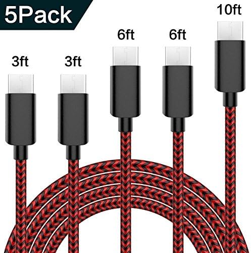 SANYEYE USB Type C Cable 5Pack (3/3/6/6/10FT) Nylon Braided Cord USB Fast Charger for Samsung Galaxy S9,Note 8,S8 Plus,LG V30 V20 G6 G5,Google Pixel,Nexus 6P 5X,Moto Z Z2 (Black and Red)