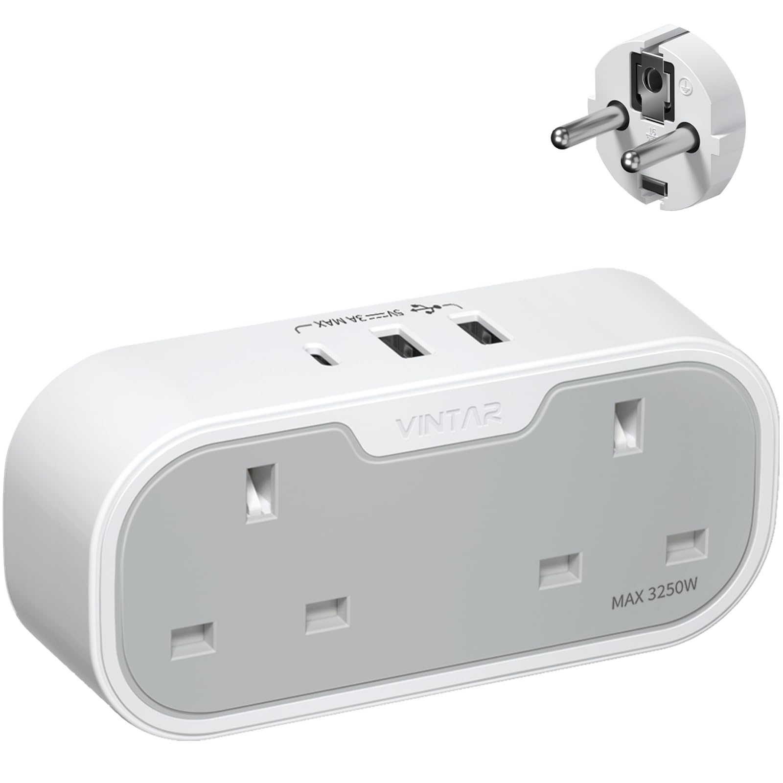 UK to European Plug Adapter, VINTAR Travel Adapter with 2 UK AC Outlets & 3 USB Ports (2A1C), Grounded Schuko Type E/F Plug for Germany, France, Spain, Netherlands