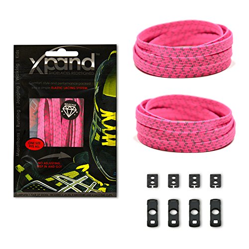 Xpand No Tie Shoelaces System with Reflective Elastic Laces - Neon Pink - One Size Fits All Adult and Kids Shoes