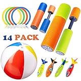 Pool Toys Underwater Swimming Diving for Kids Summer，Foam Water Guns 4Pcs, Dive Rings 4Pcs, Torpedo Bandits 4Pcs , 21 Inch Inflatable Beach Ball 1Pcs with Waterproof Bag, 14 Packs，Ages 3 up