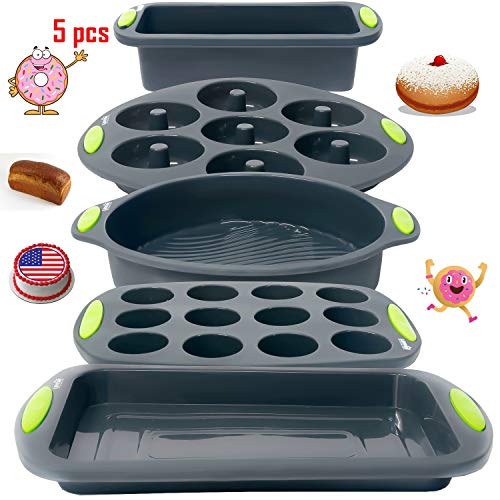 Silicone Bakeware Set-5 Food Grade Premium Silicone Molds-Round Cake Pan-Loaf Pan-Muffin Pan-Donuts Tray-Cake Tray-Safe to use in Oven-Microwave-High-Heat Resistant-Non-Toxic and Nonstick Baking Pans