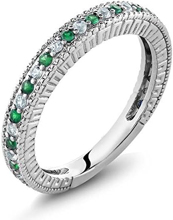 Gem Stone King925 Sterling Silver Green Simulated Emerald and White Created Sapphire Ring | Anniversary Wedding Band Ring For Women | 0.48 Cttw | Available In Size 5, 6, 7, 8, 9
