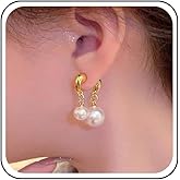 Yheakne Vintage Pearl Drop Earrings Gold Pearl Ear Jacket Earrings Round White Bead Earring Double Way Front Back Earring Jewelry for Women