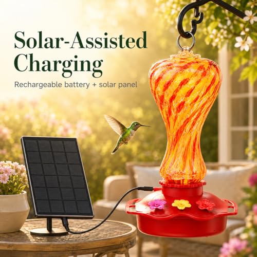 Smart Glass Hummingbird Feeder with Camera, 2K HD Live View, 2.4GHz WiFi Only, Solar-Assisted Outdoor Bird Feeder, App Motion Alerts, AI Bird ID, Ant Moat, Easy Clean Drip-Resistant Nectar Feeder