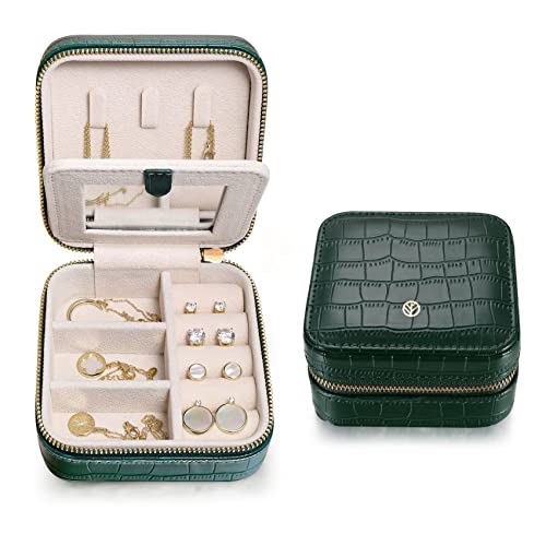 S.Leaf Travel Jewelry Organizer Boxes for Women Small Portable Necklace Earrings Bracelet Rings Travel Case Best Friend Birthday Gifts for Women Trendy (09_Pattern_Crocodile_Emerald_01)