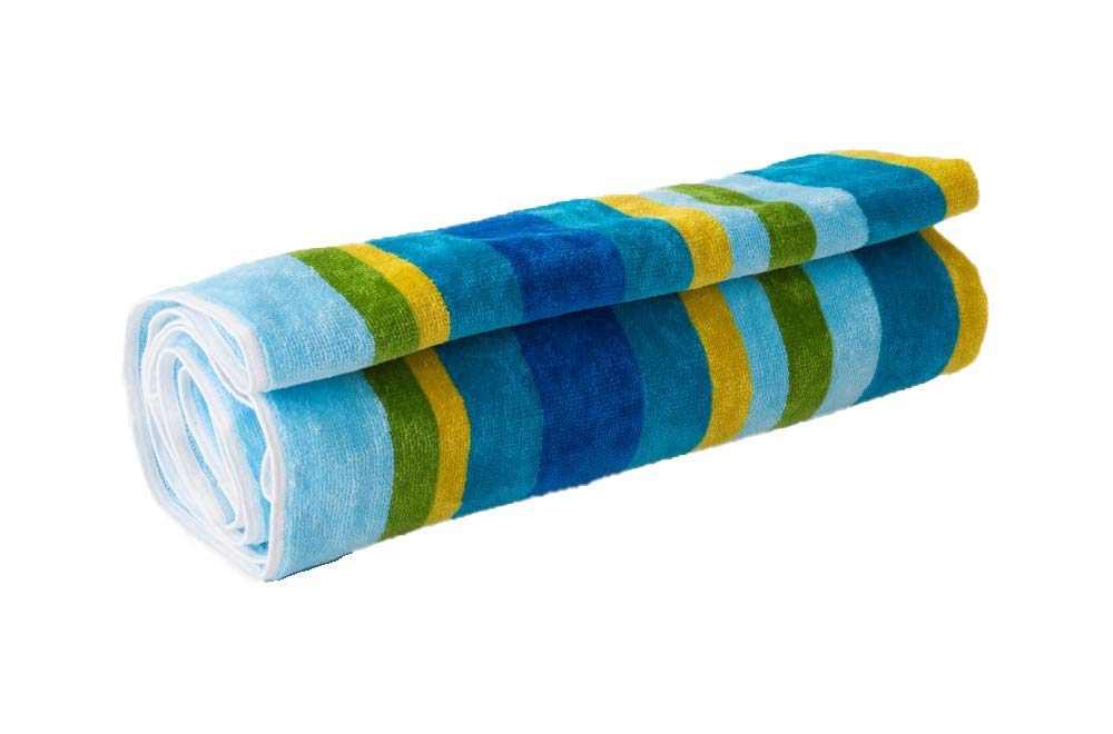Lex's Linens Pack of 2 Striped Velour/Towelling 100% Cotton Beach Towels (Blue, Green & Ochre, 2)