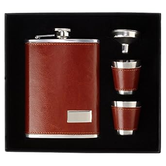 Moongrass Leather Stainless Steel Hip Flask With 2 Shot Glasses + Funnel, 8 Oz (230 Ml), Brown