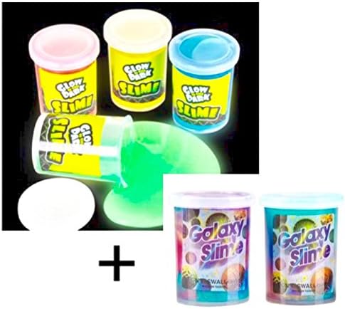 Glow in the Dark Neon Slime in Assorted Colors- Green, Orange, Yellow, Blue 12 count with 2 bonus Galaxy Slime