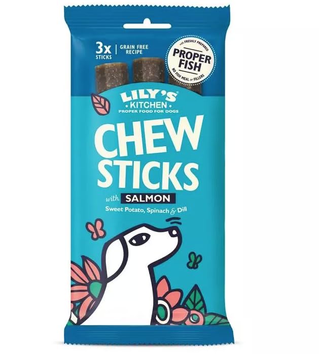 Lilys Kitchen Dog Treats, Chew Sticks, Grain Free Natural, Dental Dog Treats, Pack of 3 x 120g (Total of 9 Chews) (3, Salmon)