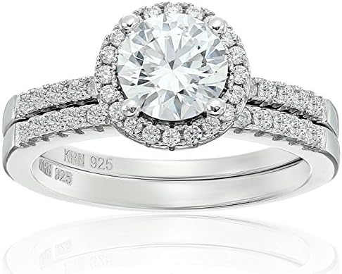 Amazon Collection Cubic Zirconia Round Frame Bridal Set in Sterling Silver Wedding Ring, Size 7