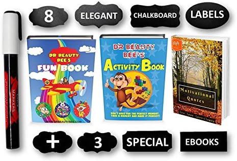 Chalkboard Labels | 8 Special Unique Designs | FREE Fun eBook, Activity eBook &amp; Motivational eBook | Erasable White Chalk Marker | Reusable Labels | Stickers For Kitchens, Pantries, Jars, Boxes |