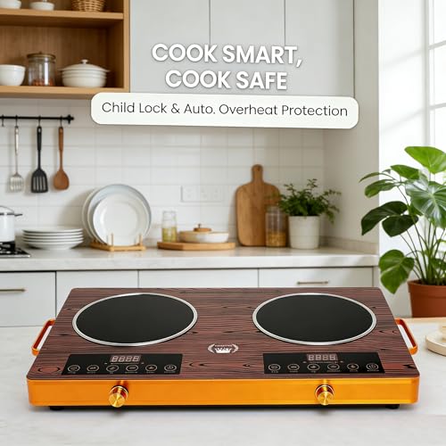 Jospondent Double burner electric ceramic stove, 3500W high-power electric cooking stove, no installation required, wood grain tempered glass and black crystal glass panel, aluminum alloy shell with
