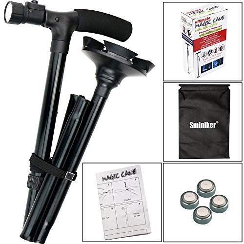 Sminiker Professional LED Folding Walking Cane with Carrying Bag for Old Gentleman or Lady Aluminum Alloy Foldable Cane with Light