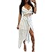 VANCOL Women's Sexy Strapless Ruffles Striped Top and Skirt Irregular Slit Bandage Maxi Dress Beach 2 Piece Set