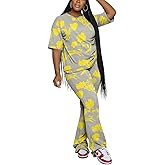 PINSV Women 2 Piece Outfits Short Sleeve Top and Flare Pants Lounge Sets Tracksuit