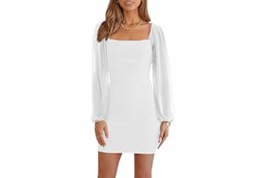 Wenrine Women's Mesh Long Sleeve Square Neck Ruched Party Club Cocktail Bodycon Mini Dress