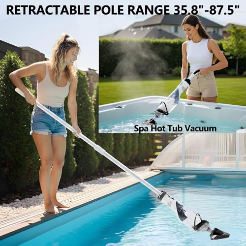 Cordless Pool Vacuum for Above Ground, Handheld Pool Spa Vacuum Cleaner for Inground Pools Hot Tub, Rechargeable, 60" Extendable Pole, up to 19.5 GPM for Shallow Steps, Leaves, Debris（Light Black）