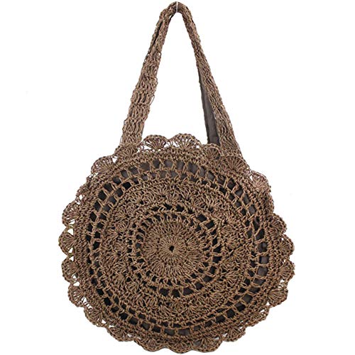 FiveloveTwo Womens Ladies Lightweight Handmade Handbag Large Crochet Shoulder Summer Bag Straw Beach Shopper Clutch Top Handle Tote Bags and Purse Dark Brown