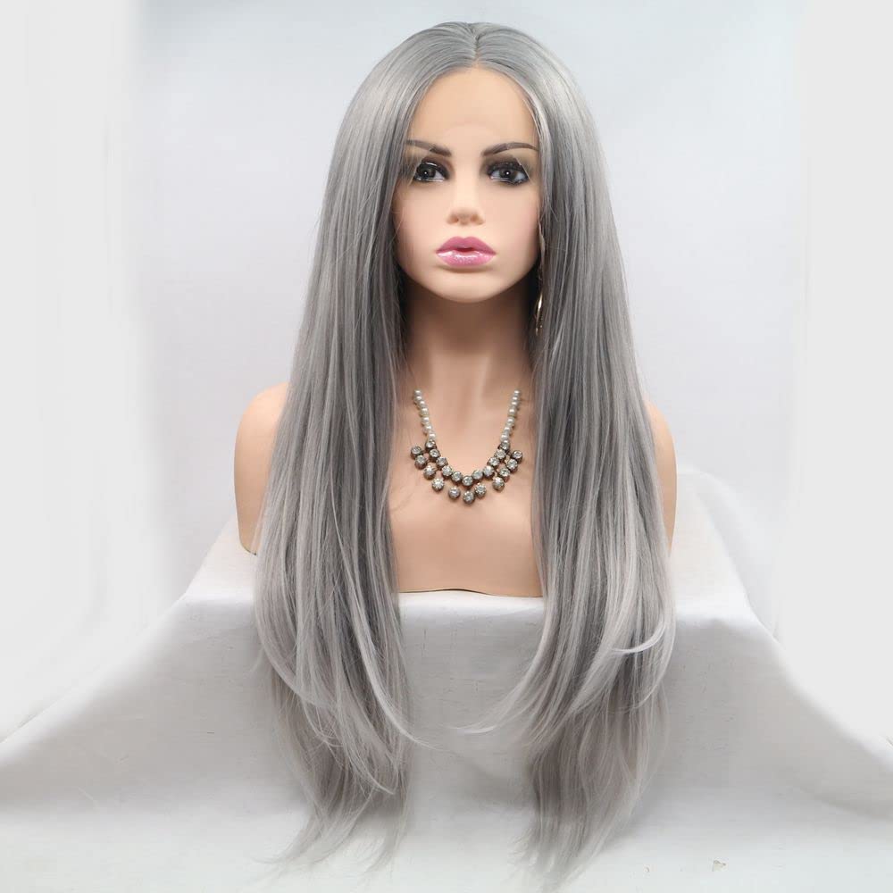 Xiweiya 13 * 3 Lace Wigs Platinum Grey Synthetic Lace Front Wig Blonde White Hair Tips Long Natural Straight Wig for Fashion Women Wear, Heat Resistant Fiber Natural Hairline Halloween Cosplay Wigs — image 1