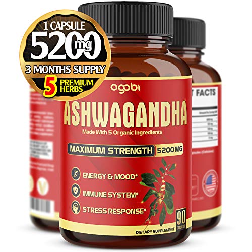 Ashwagandha Powder Capsule 5200mg-Highest Strength Combined with Ginger, Turmeric Curcumin, Rhodiola and Black Pepper-Anxiety Relief, Adrenal, Thyroid, Male Performance Support- 90 Capsules