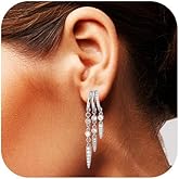 Emibele Huggie Dangle Earrings for Women, Non Tarnish Triple Hoop Drop Earrings with Cubic Zirconia, Trendy Hypoallergenic Long Chain Huggie Earrings Fashion Jewelry Gifts