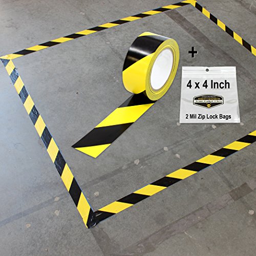 Mighty Gadget (R) 2" x 36 yard Black & Yellow Vinyl Safety Tape (1 Roll) + 4" x 4" Reclosable Zip Lock Bags (5 pk)