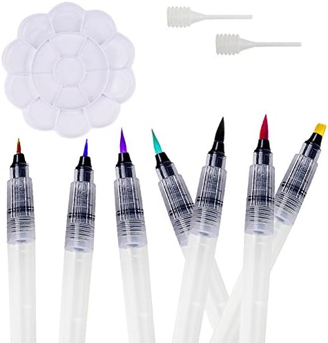 Tomkity Set of 7 Brush Tips for Water color Painting Water Color Brush Pens with 1 Paint Palette and 2 Droppers