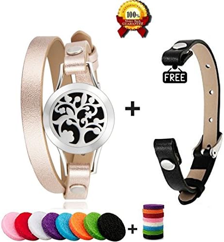 Essential Oil Diffuser Aromatherapy Bracelet Jewelry With 2 Leather Bands &amp;16 Colorful Pads | Stainless Steel Tree Of Life Locket Charm | Enhance Your Wellness, Complement (Rose Gold &amp; silver)