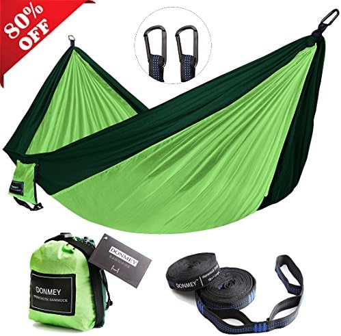 DONMEY Single &amp; Double Parachute Camping Hammock with Tree Straps - Lightweight Portable Nylon Hammocks for Travel, Backpacking, Hiking, Beach, Yard by Dark Green/Green, 55" W x 108" L