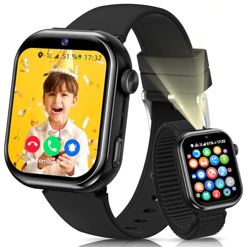 4G Montre Connectée Enfant, Montre Telephone Enfant avec GPS, Double Caméra, Appel Vidéo, Chat Vocal, SOS, Mode Classe, Lampe Torche, IP68, Podomètre, Cadeau pour Garçons Filles, Noir, Garantie 3 Ans