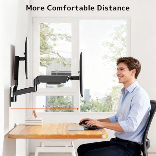 PUTORSEN Dual Monitor Wall Mount for 17-32 inch Flat/Curved Computer Screens, Full Motion Wall Monitor Mount with VESA 75x75/100x100 mm, Each Holds Up to 19.8lbs, Black