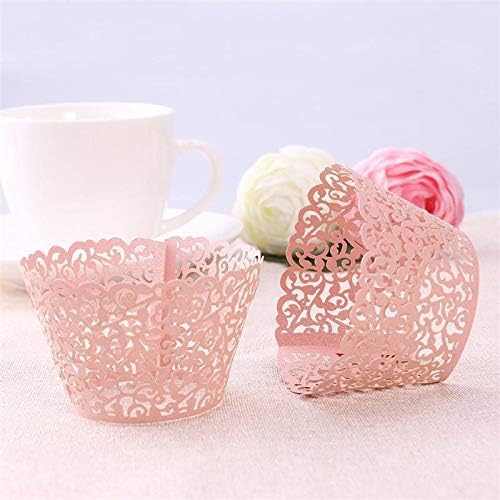Cupcake Wrapper, Lace Cake Cup, Baking Cup Cake Carrier, Hollow Paper DIY Fondant Cake Decoration for Weddings, Birthdays, Party, Christmas 50 Pieces (Pink)