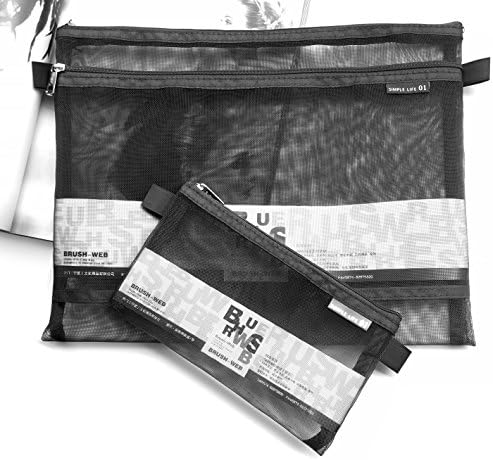 Mesh Zipper Bags A4 Paper File Storage Office Document Bags Document File Pocket Students Files Category Bag Suitable pencil case pen bag Pencil Bags cosmetic bag(Black 2pcs)