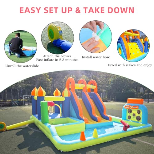 HIJOFUN Blow Up Water Slides Two Long Slides Jumping Bouncy Castle for Kids Outdoor Inflatable Bounce House with 680W Blower for Kids Backyard