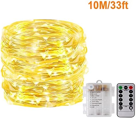 Fairy String Lights with Remote,[1Pack 33Ft] Vikdio Waterproof 100 Leds Starry Lights 8 Modes Battery Operated Silver Wire Fairy Rope Lights for DIY Wedding Party, Bedroom, Patio, Garden (Warm White)