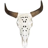 OTARTU White Tribal Design Carved Steer Skull Wall Hanging Sculpture, Cow Horn Skull 19 Inch Steer Head Bull Horn Wall Décor (White)