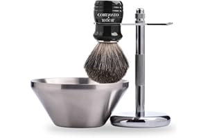 JEQUIL&CORENVEO Je&Co Shaving Set,Pure badger Hair Shaving Brush with Steel Stand and Steel Bowl