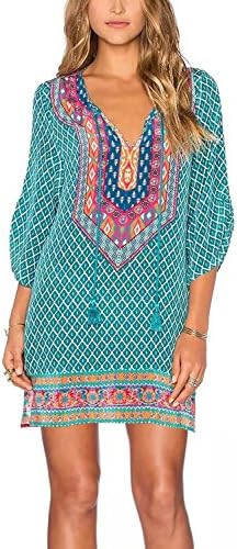 WIWIQS Womens Bohemian Neck Tie Vintage Printed Ethnic Style Summer Casual Beach Dress S