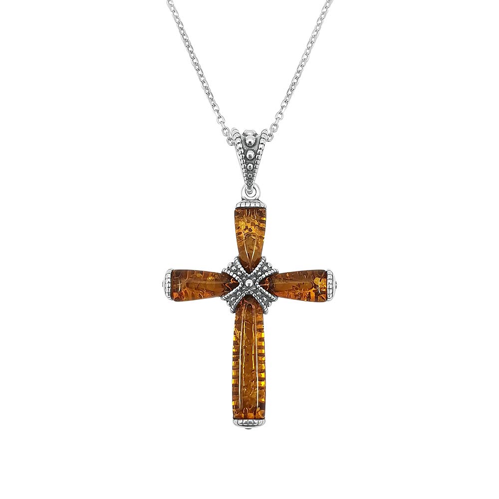 Kiara Jewellery 925 Oxidised Sterling Silver Brown Amber Strapped Cross Pendant Necklace on 18" Sterling Silver Chain.