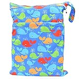 Wet Dry Bag Baby Cloth Diaper Nappy Bag Reusable with Two Zippered Pockets (Whale)