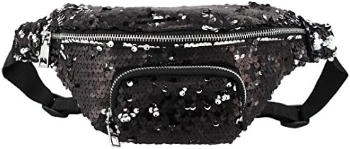 Candice Women Shiny Sequins Holographic Fanny Pack Bum Bag Waist Bag Waist Pack Purse Gift(Black)
