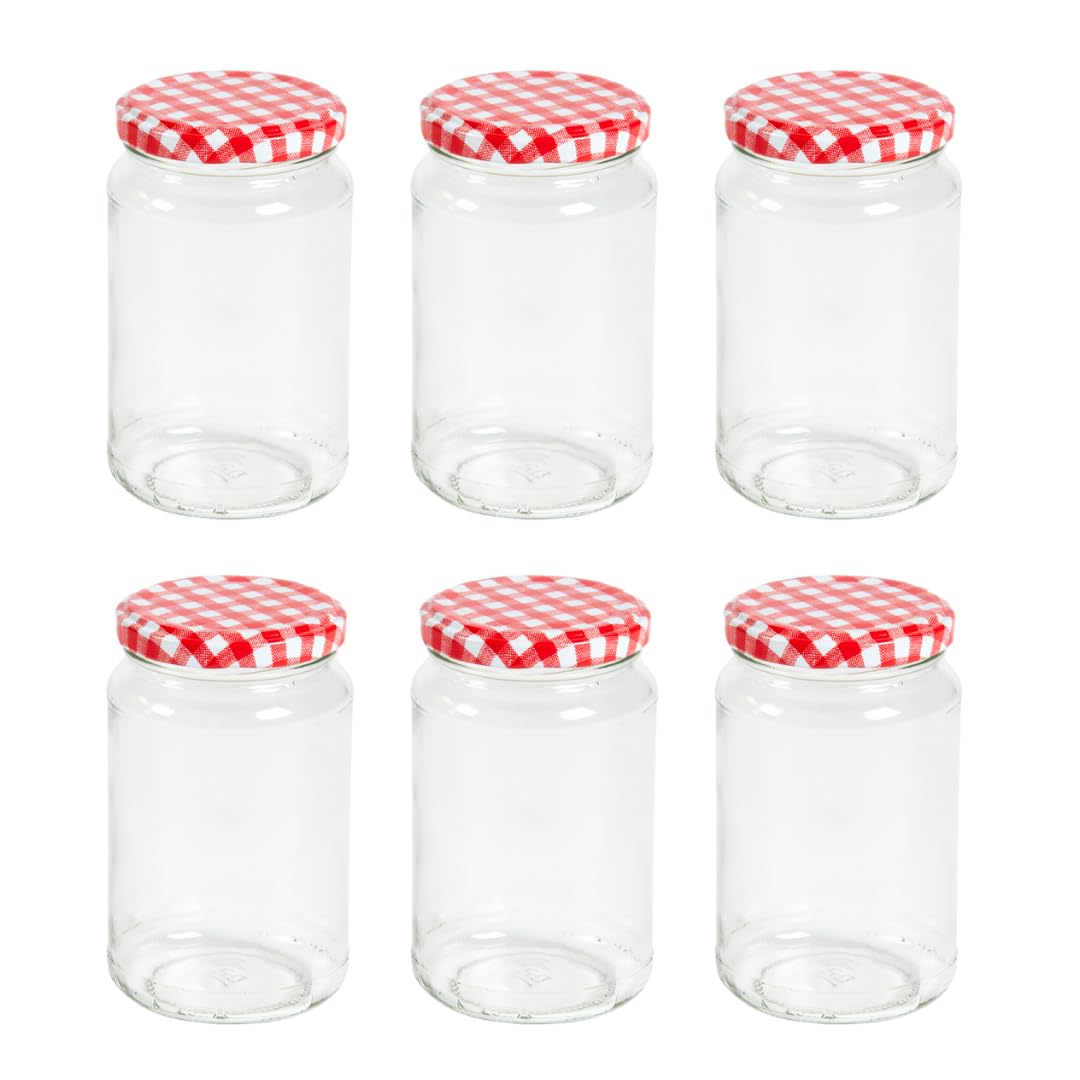 Nutley's 370ml, 1lb Round Glass Jam Pickle Chutney Jar with Twist-Off Red Gingham Lids (Pack of 6)