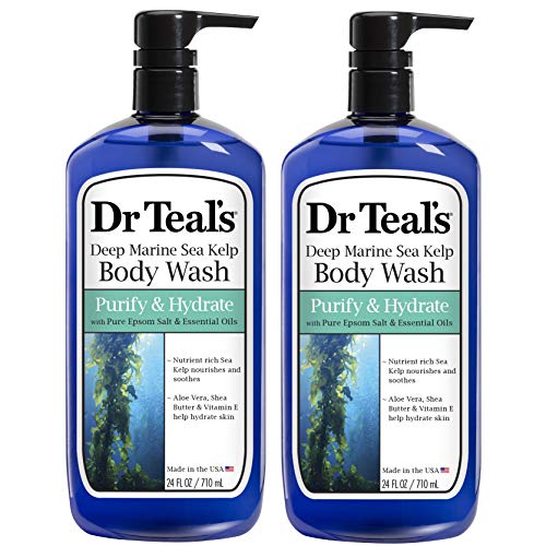 Dr Teal's Epsom Salt Bath and Shower Body Wash with Pump - Deep Marine Sea Kelp and Essential Oils - Purify and Hydrate - Pack of 2, 24 Oz ea - Moisturize Your Skin, Relieve Stress and Sore Muscles