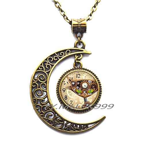 steampunk cat glass pendant Mechanical clock round glass dome pendant necklaces charm bell movement Necklaces Jewelry.Y005